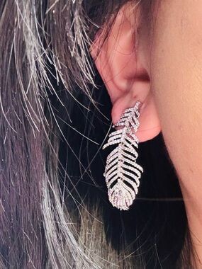 Silver Feather Drop Earrings - Sparkling Statement